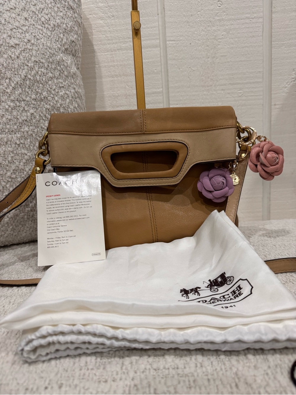 Coach Two-Tone Tan Leather Crossbody with Pink & Purple Flower Charms
